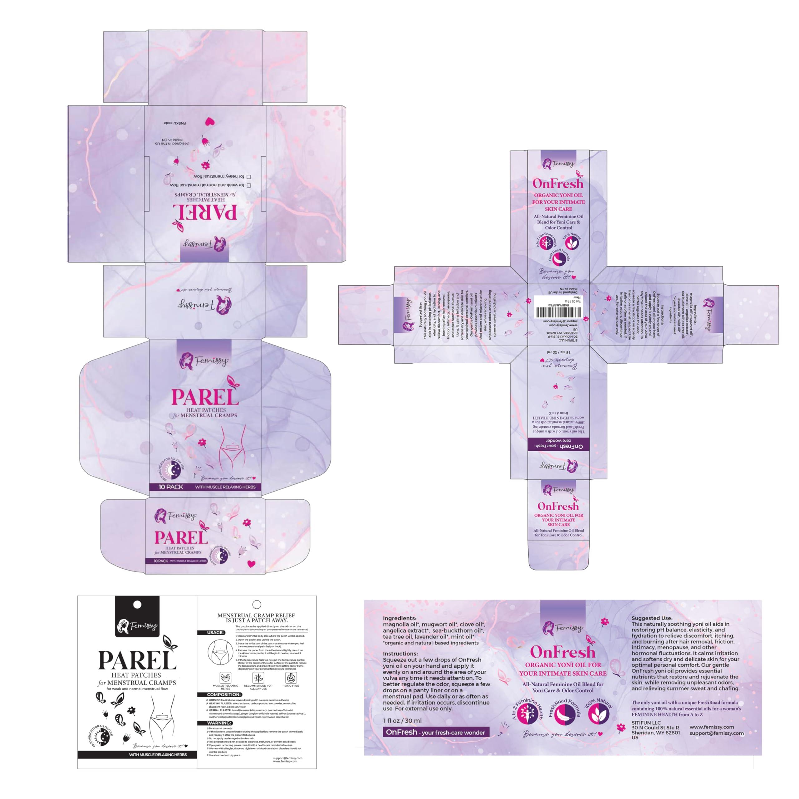 Femissy Heat Patches for Menstrual Cramps Based on Flow Strength, 10 Period Patches for Weak & Normal Flow + Natural Yoni Vulva Oil for Women PH Balance & Dryness (1 fl oz) Sensitive Skin Herbal Moisturizer