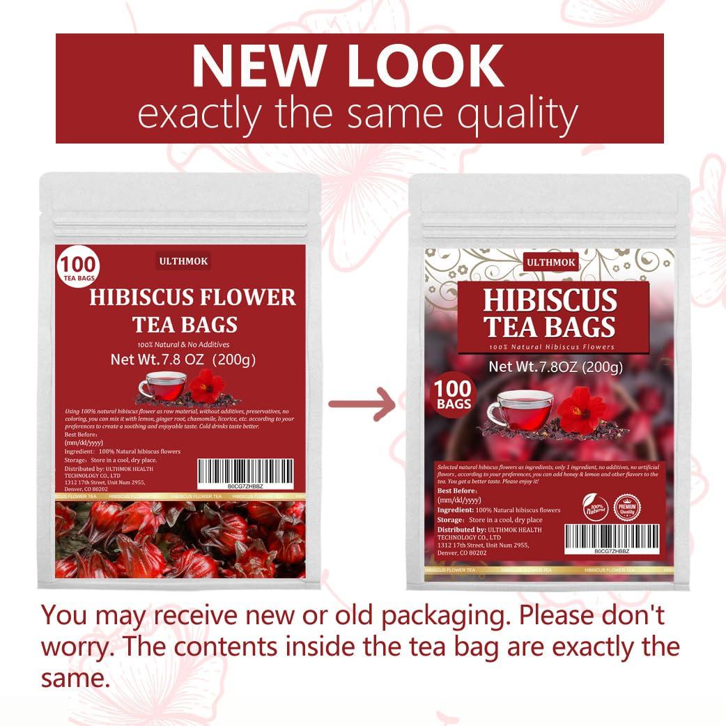 ULTHMOK Premium Hibiscus Tea Bags,100 Tea Bags/7.06 Oz,100% Pure Dried Hibiscus Flower,Natural & No Additives,Caffeine Free.