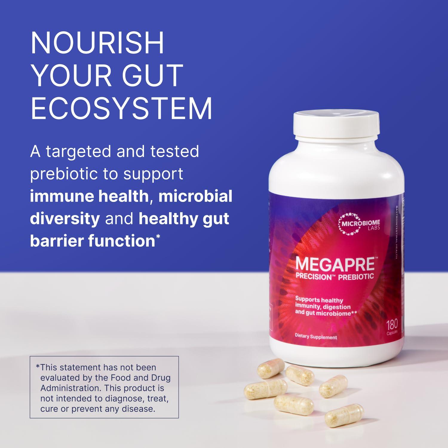 Microbiome Labs Microbiome Labs MegaPre Prebiotic Fiber Supplement in Vegetable Capsules - Prebiotic Supplement with Clinically Tested Oligosaccharides - Support Microbial Diversity & Gut Health (180 Capsules)