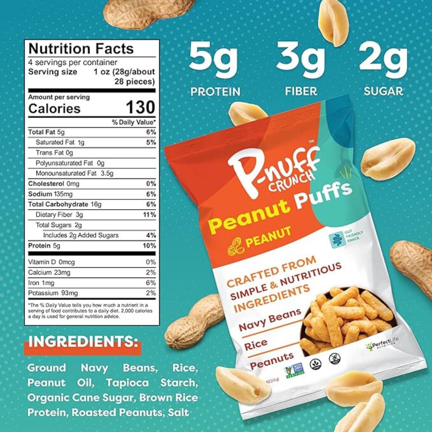 P-Nuff Pnuff Crunch Peanut Butter Puffs - Healthy Snacks, Low Calorie Snacks, Gluten Free Snacks, Vegan, High Protein, Keto, Office Snacks, Low Sugar, as Seen on Shark Tank - Original, 1 Oz Bag (Pack of 12)