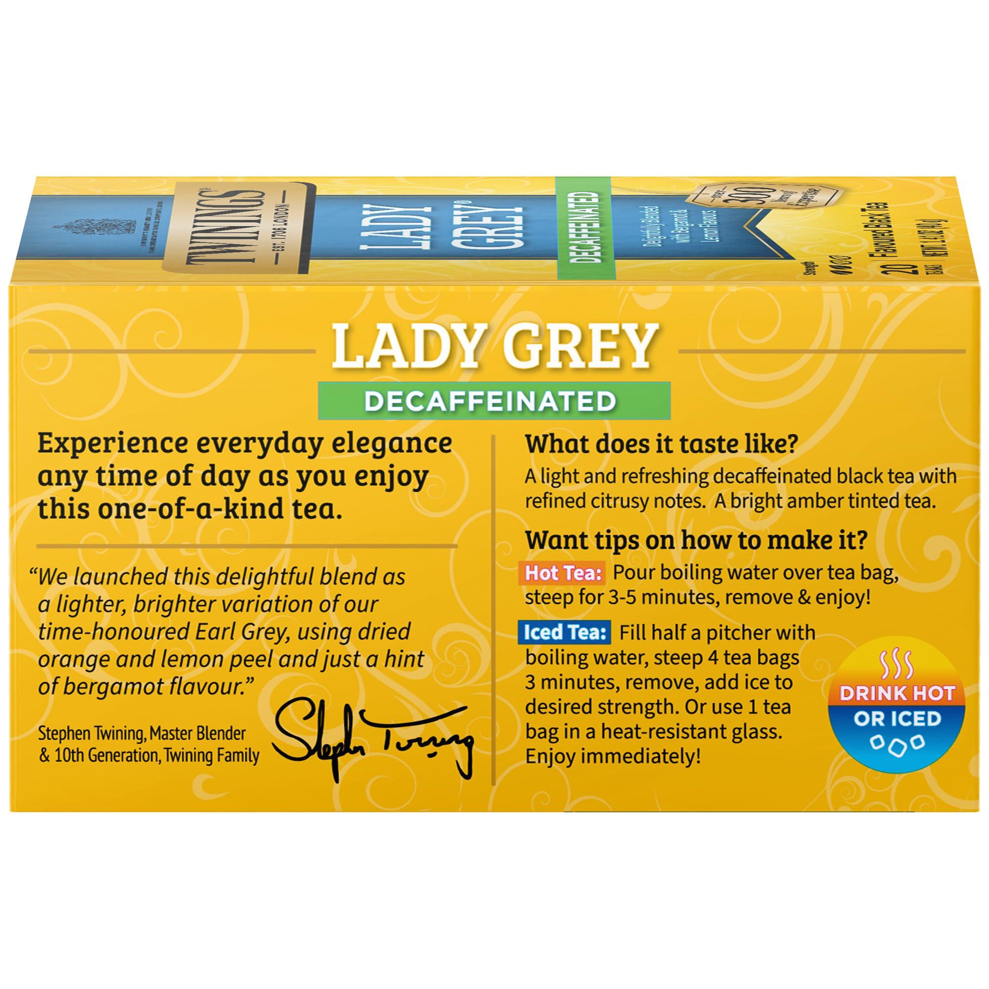 Twinings Twinings Decaffeinated Lady Grey Black Tea Individually Wrapped Bags, 20 Count (Pack of 6), Orange Peel & Lemon Peel, Enjoy Hot or Iced | Packaging May Vary