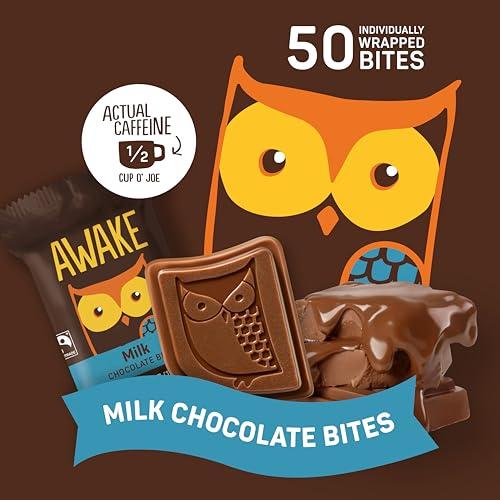 AWAKE Caffeinated Chocolate AWAKE - Caffeinated Chocolate Bites - Milk Chocolate, 50 Bites - 50mg Caffeine - Individually Wrapped Energy Bites - Coffee Alternative - Fairtrade, Gluten Free, Non GMO - 0.48oz