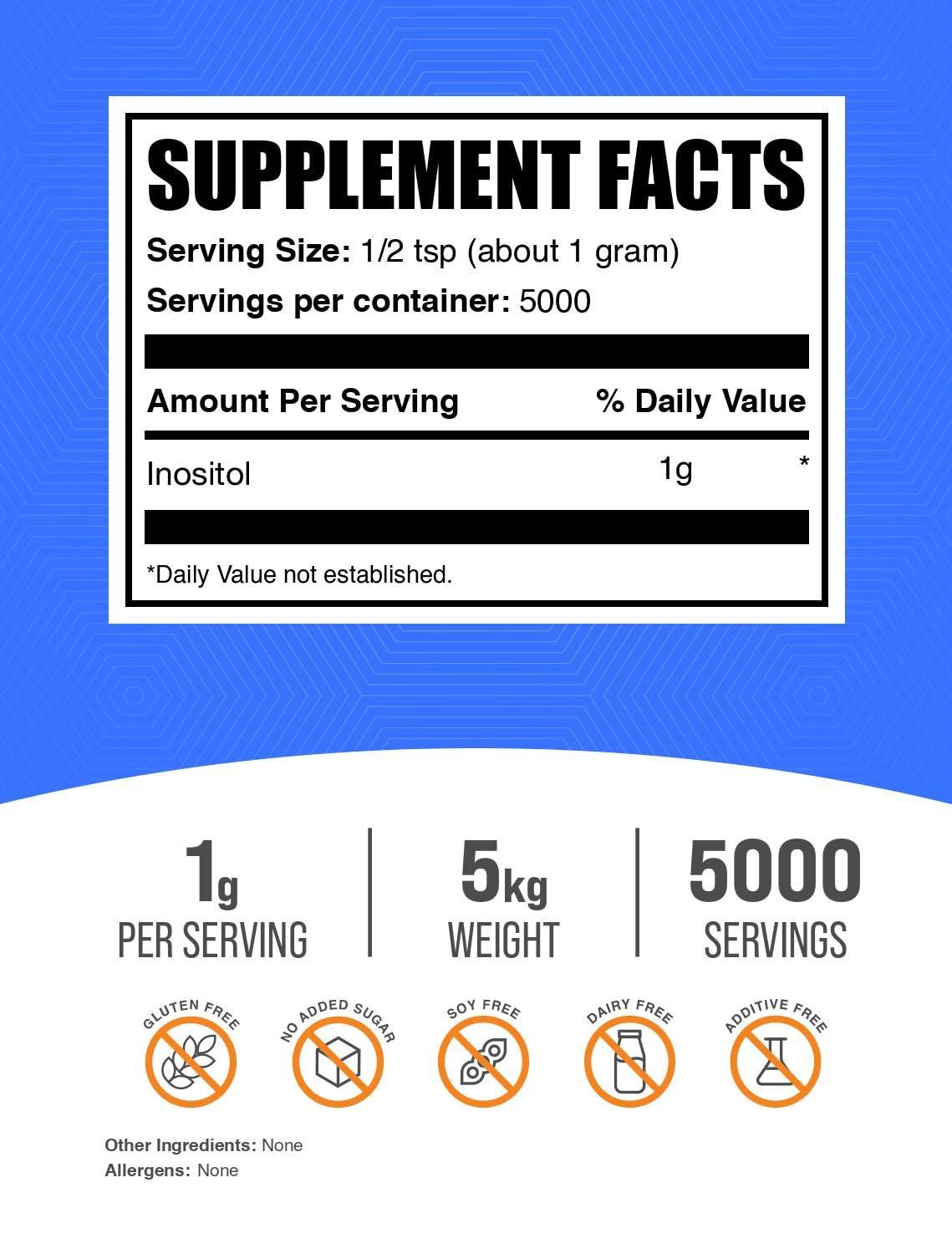 BulkSupplements BulkSupplements.com Inositol Powder - Inositol Supplement, Vitamin B8 Powder, Inositol 1000mg - Unflavored & Gluten Free, 1000mg per Serving, 5kg (11 lbs) (Pack of 5)