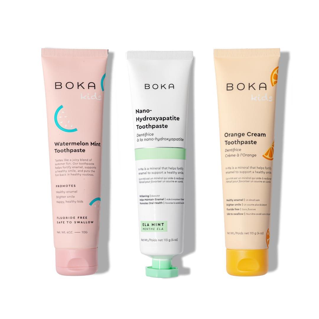 Boka Boka Fluoride Free Toothpaste Nano Hydroxyapatite, Helps Remineralize, Appropriate for Sensitive Teeth, Whitening - for Adult, Kids Oral Care - Ela Mint, Orange Cream, Watermelon Mint Flavor, 3pk