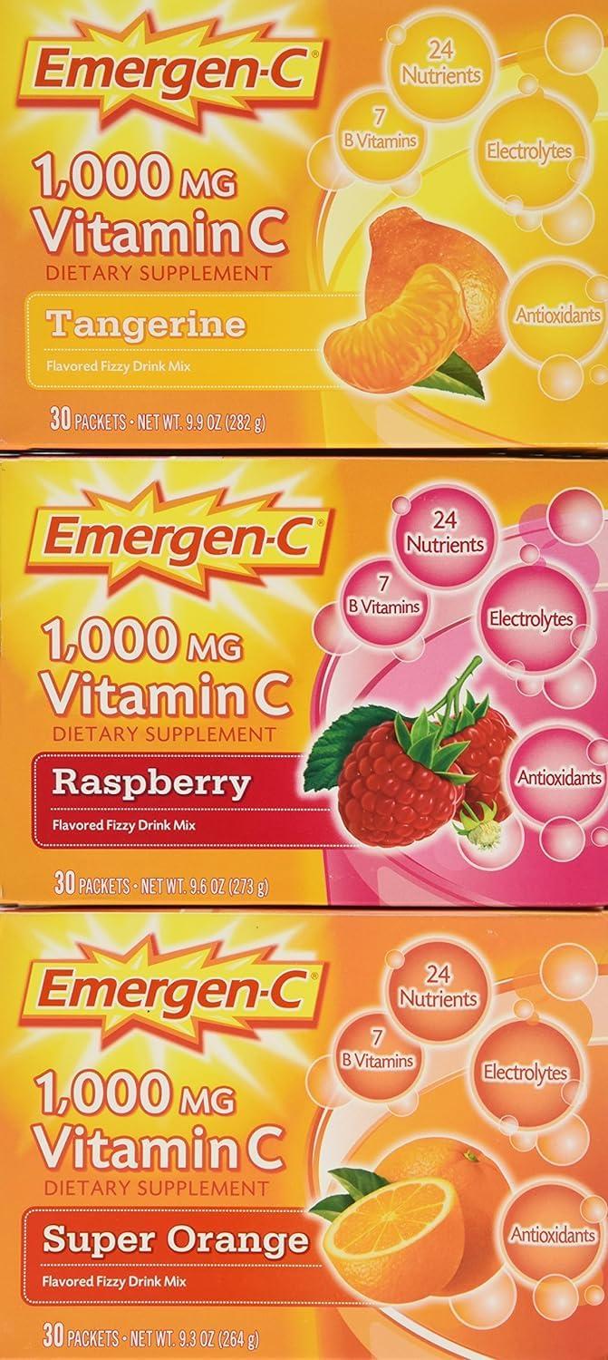 Emergen-C Emergen-C 1,000 mg Vitamin C Dietary Supplement Drink Mix, Super Orange/Raspberry/Tropical, 90 Packets, Net Wt. 28.5 oz.