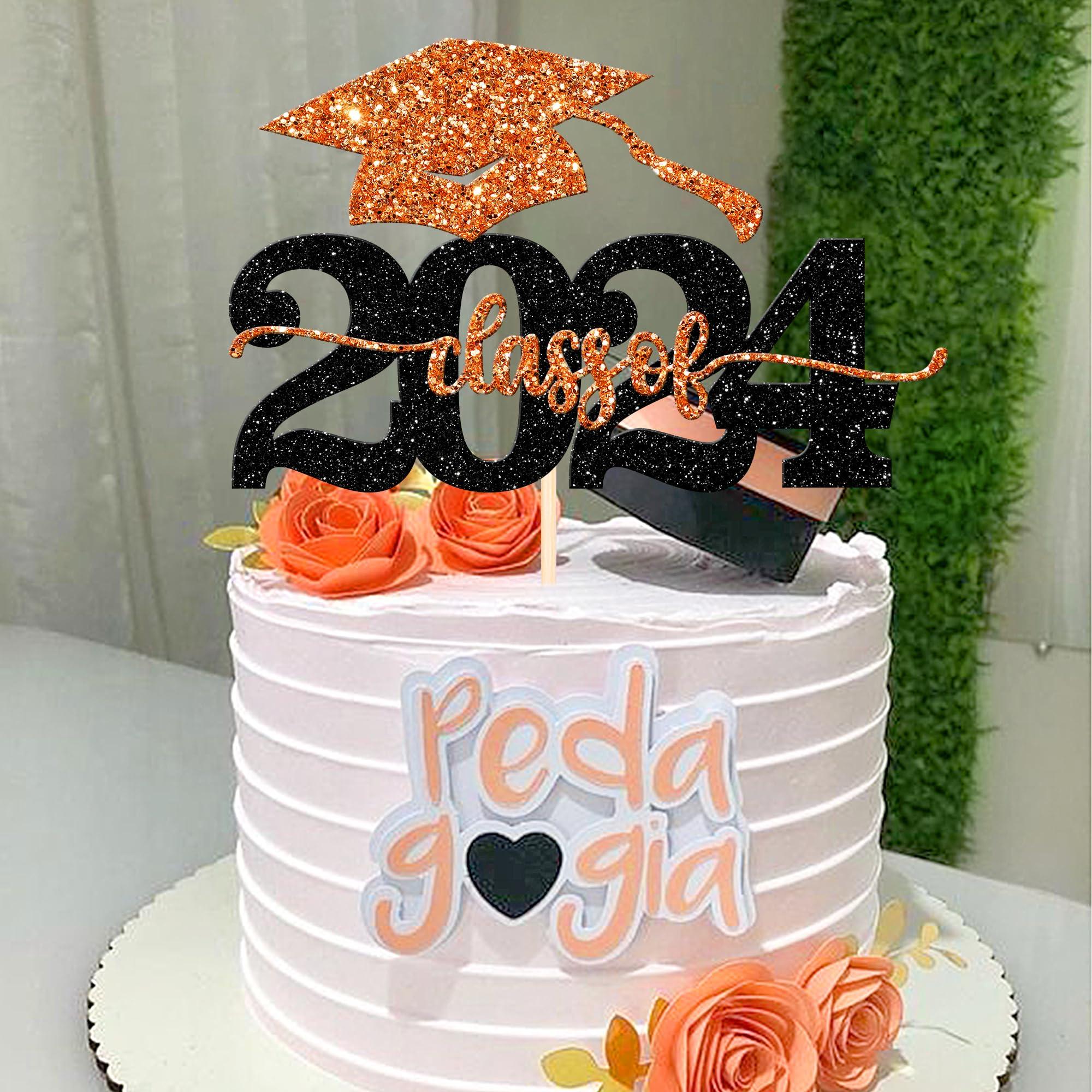 ZHUOWEISM 1 PCS Class of 2024 Cake Topper Black Glitter 2024 Graduation Cake Pick Congrats Grad Cap 2024 Cake Decoration for 2024 College Graduation Theme Party Decorations Supplies Orange