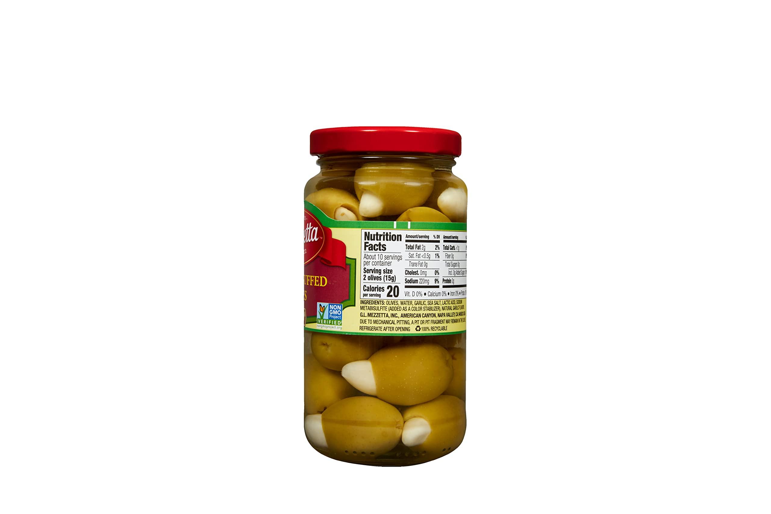 Mezzetta Mezzetta Garlic Stuffed Olives | Non-GMO, Gluten Free, Keto | 6 Ounce Dr Wt Jar (Pack of 6)