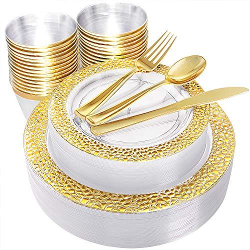 supernal Supernal 180pcs Gold Plastic Dinnerware,Clear Plasitc Plates with Gold Dimond Design,Gold Plastic Silverware,Gold Plates,Clear Cup with Gold Rim,Good Choice for Wedding and Party