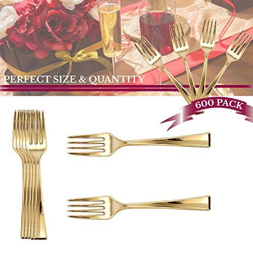 Smarty Had A Party Plastic Gold Forks 600 Pcs - Disposable Appetizer Forks - 4" Mini Salad Forks - Small Dessert Cocktail Fork Set - Bulk Party Silverware Utensils Catering Supplies For Wedding, Birthday & All Occasions