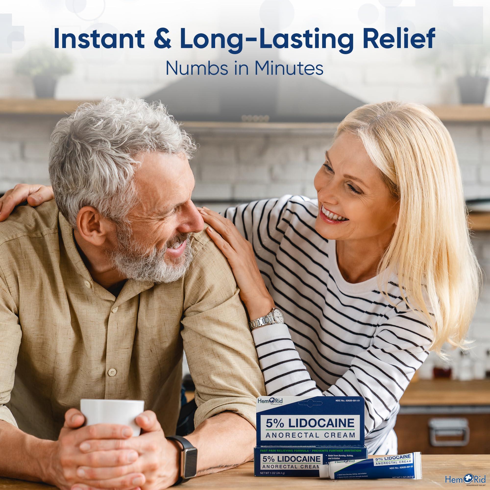 HemRid Maximum Strength Lidocaine Cream for Pain Management. Fast-Acting Hemorrhoid Solution with 5% Lidocaine. Instant Anal Itch and Numbing Effect