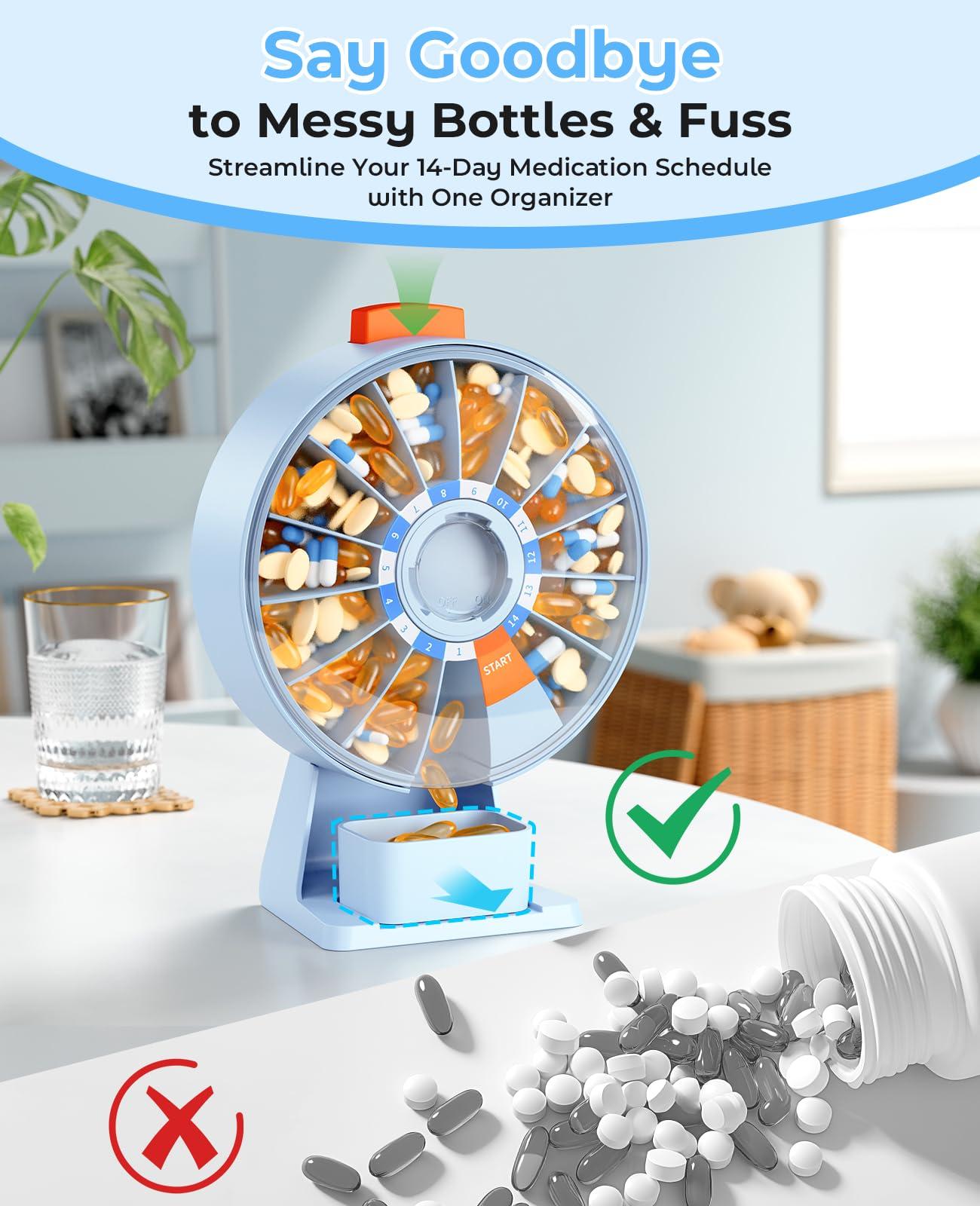 Daviky Daviky Pill Dispenser Daily, Large Pill Organizer with Wall-Mounted or Standing Use, 14 Days Pill Container, Push Button Design, Weekly Pill Box for Vitamin, Medicine,Supplement, Fish Oil(Blue)