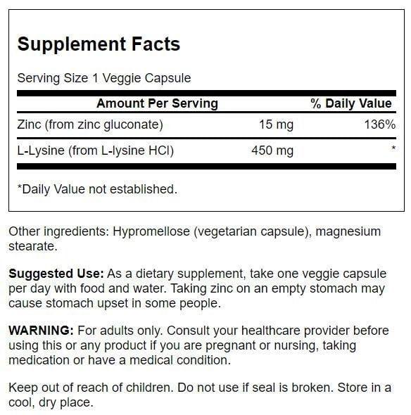 Swanson Swanson Premium Brand Zinc Gluconate \'&\' L-Lysine - 2-in-1 Formula 90 Veg Caps