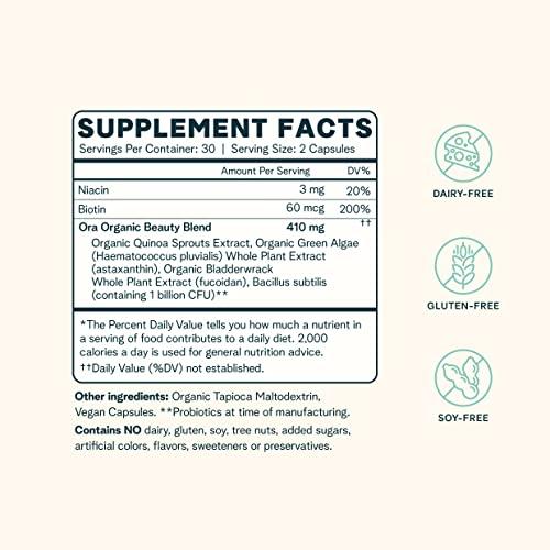 Ora Organic Ora Organic Hair, Skin, and Nails Support- BeYouTiful - Beauty Supplement with B Vitamins and Algae Extracts for Healthy Hair and Skin - 60 Vegan Capsules