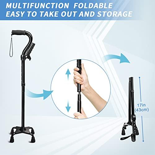 KingPavonini Adjustable Walking Cane for Men & Women with 4-Pronged Base for Extra Stability - Foldable Cane for Seniors with Foam Padded Offset Handle for Soft Grip & a Second Handle for Standing Black