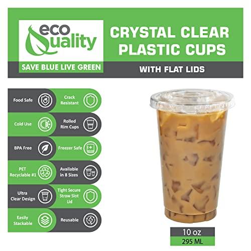 EcoQuality [50 COUNT] 10 oz Clear Plastic Disposable PET Cups with Lids | Crystal Clear PET Cup | Cold Smoothie | Iced Coffee Go Cups | Ideal for Coffee, Parfait, Juice, Soda, Cocktail, Party Cups (10oz)