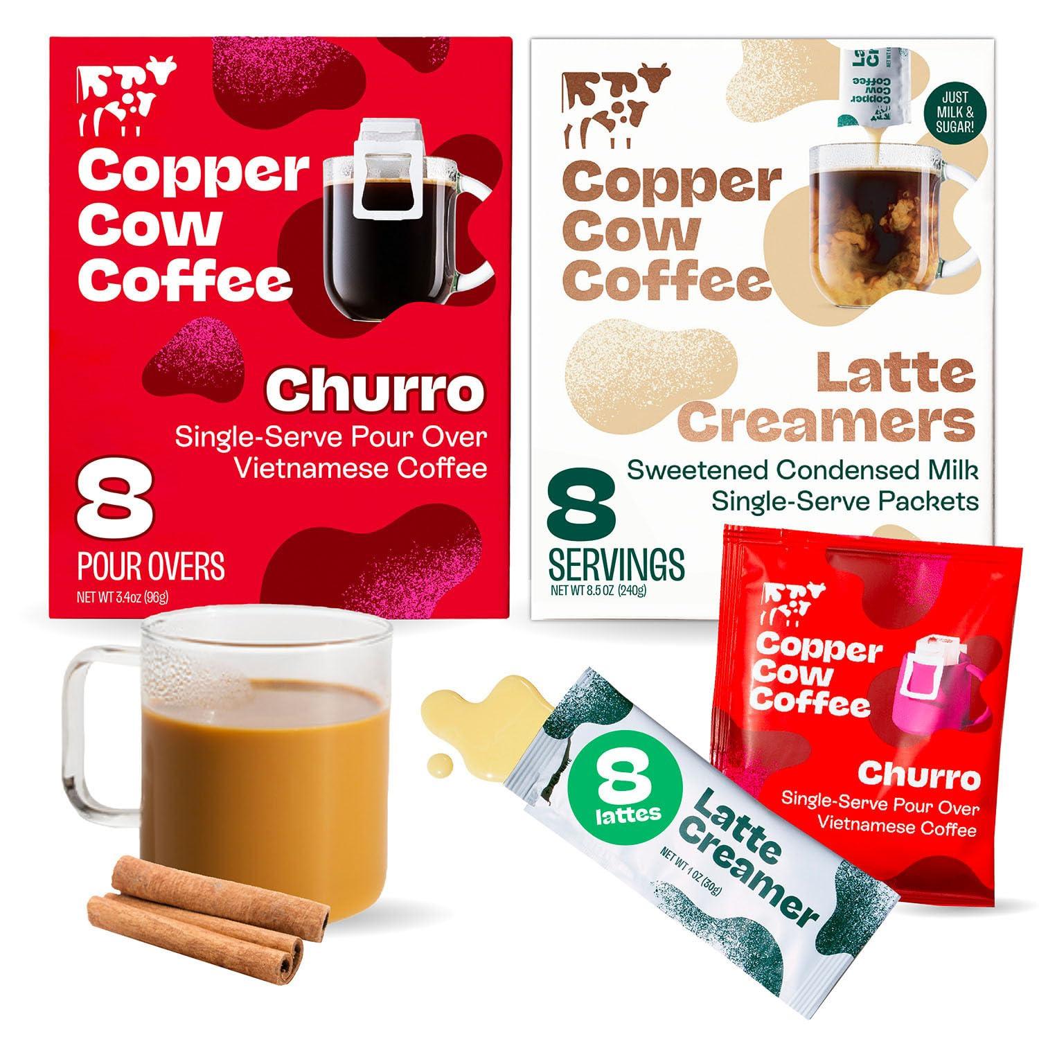 Copper Cow Coffee Copper Cow Premium Pour Over Single-Serve Vietnamese Coffee | Churro Lattes | Flavored with Real Cinnamon | Includes 8 Coffees & 8 Milk Creamers