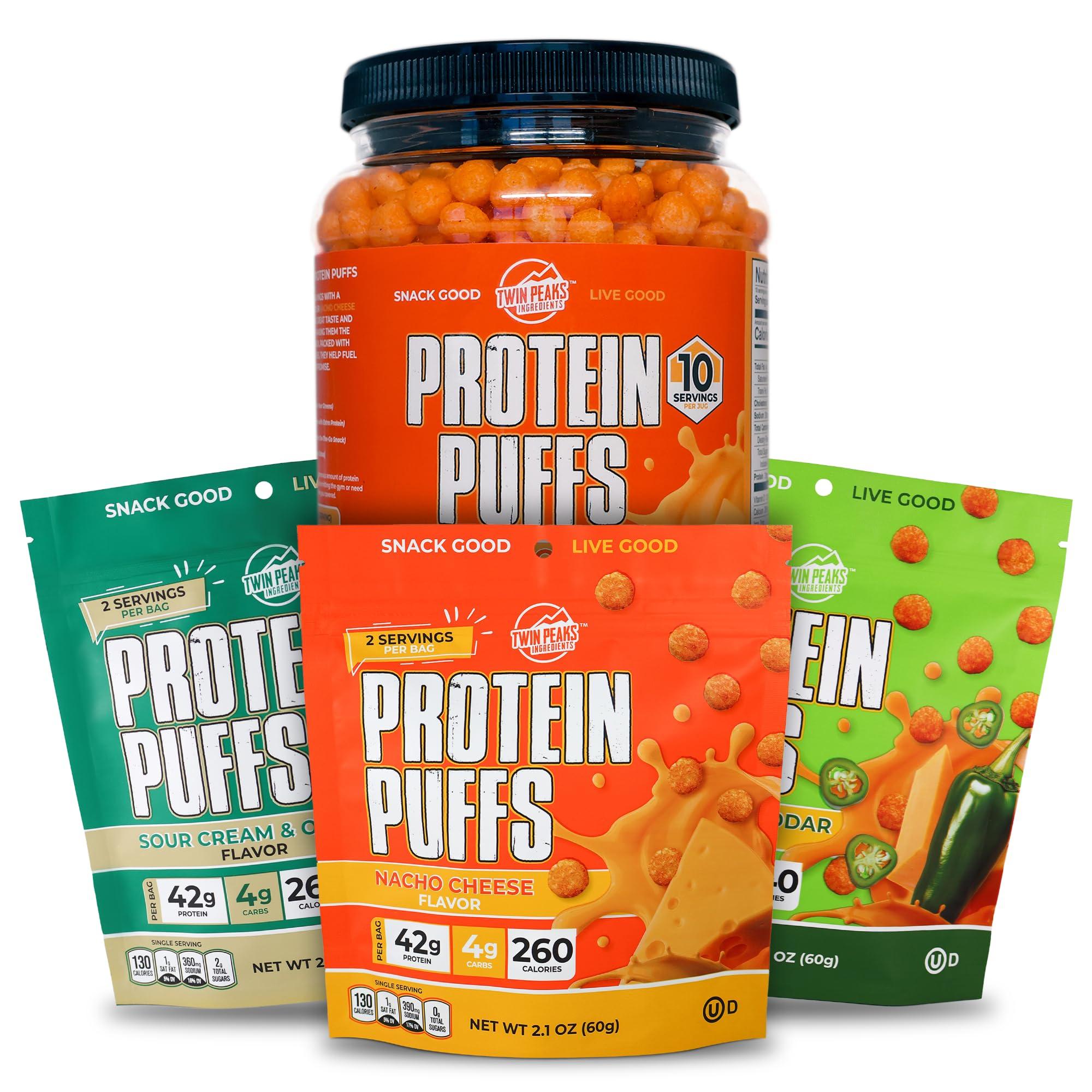 TWIN PEAKS INGREDIENTS Twin Peaks Low Carb, Keto Friendly Protein Puffs, 3 Bags of Assorted Flavor Puffs + 1 Jug Nacho Cheese Flavor Puffs