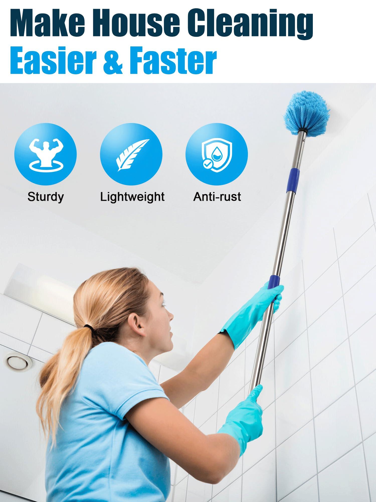 YOHSUGO Cobweb Duster with Extension Pole, Outdoor Spider Web Brush with 6 ft Long Handle, Metal Cob Web Remover for High Ceilings Fans Indoor Cleaning, Medium-Stiff Bristles Dust Brush, Lightweight Cleaner