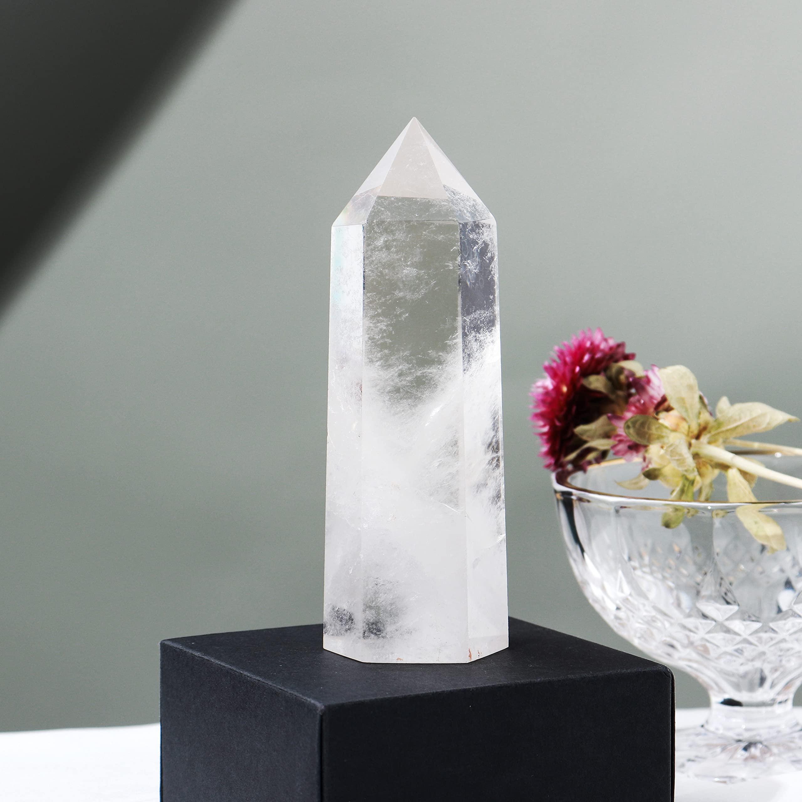 Runyangshi Runyangshi Large Clear Quartz Healing Crystal Wand 4.72\"-5\" Natural Crystal Tower 6 Faceted Single Point Crystal Prism Wand Natural Quartz Stones for Meditation Reiki Chakra Therapy Home Decor Gift