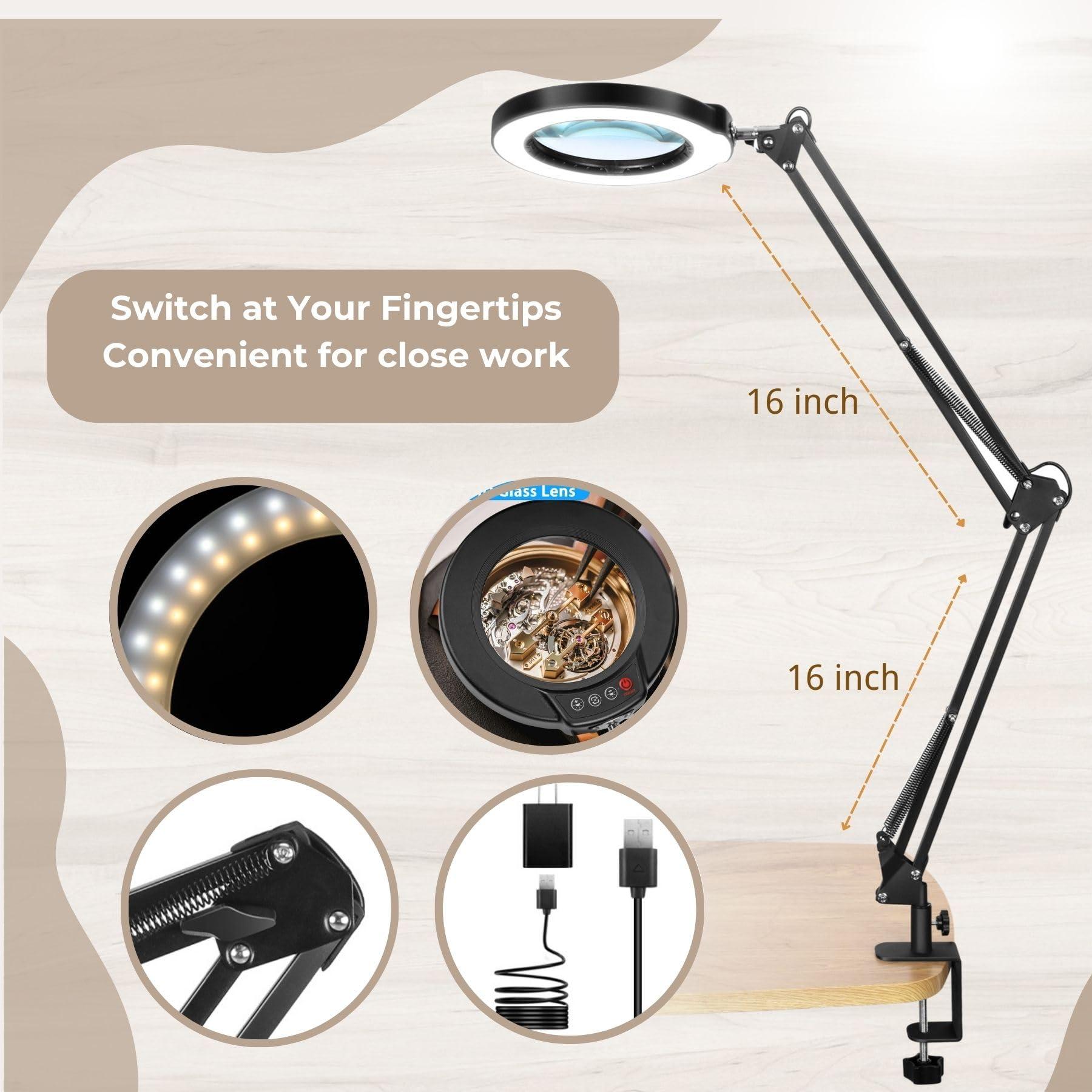 MagnieOpti 10X Magnifying Glass with Light and Clamp, 5 Color Modes Stepless Dimmable Real Glass Lighted Magnifier, Hands Free LED Magnifying Desk Lamp for Painting Craft Close Work Cross Stitch Sewing Retire