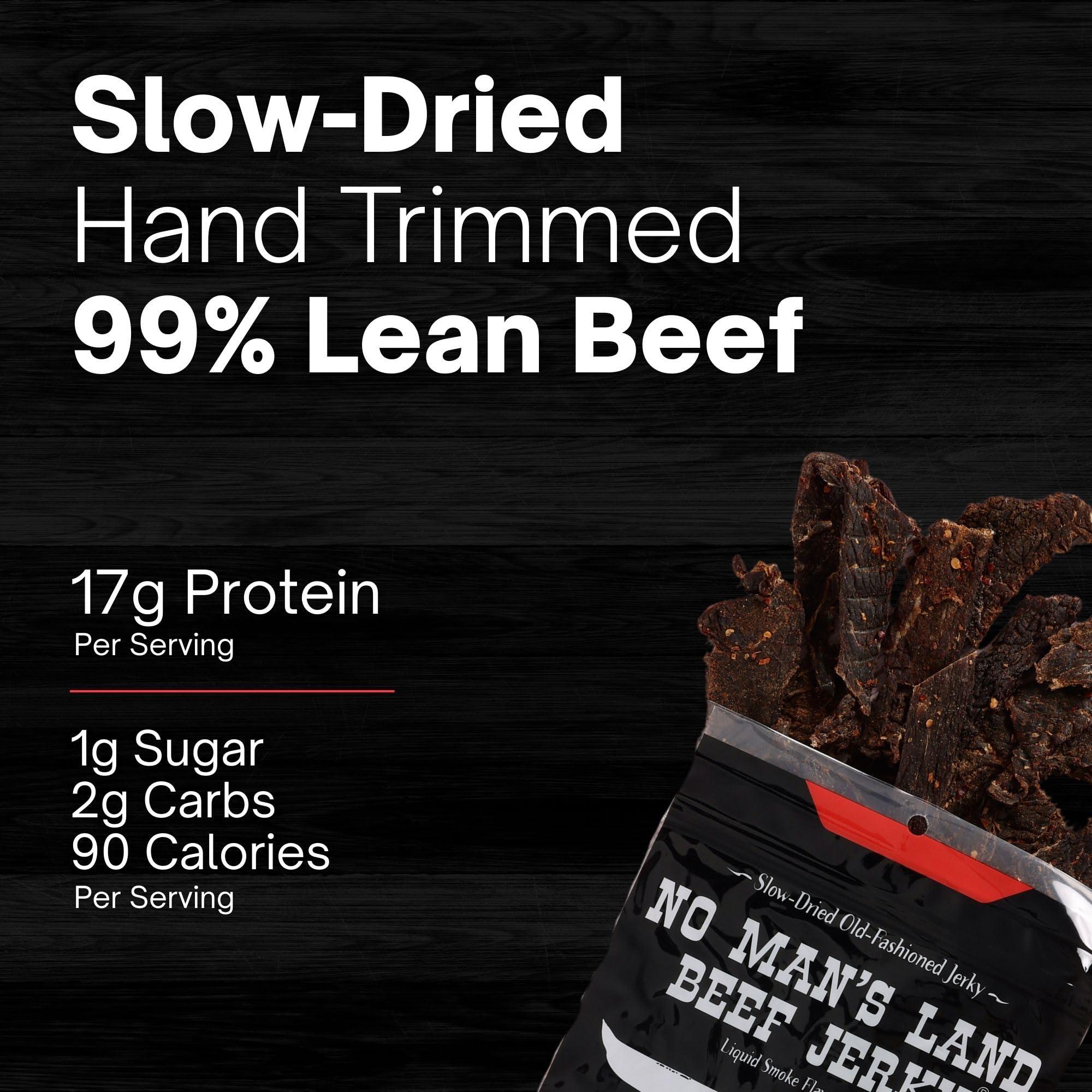NO MANS LAND BEEF JERKY No Man’s Land HOT Beef Jerky High Protein Low Calorie Low Carb Beef Snack 3.0oz Bag