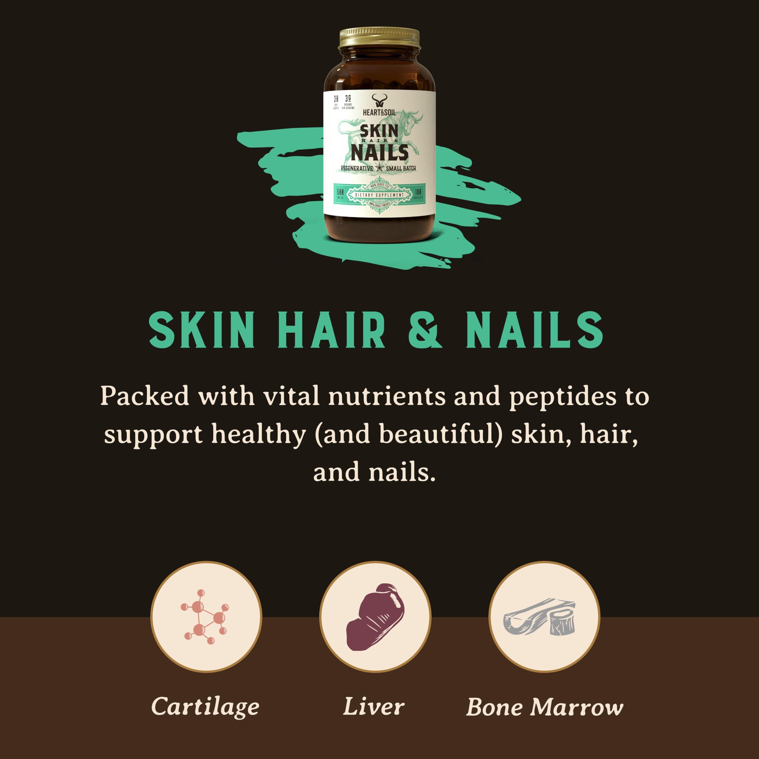 HEART & SOIL HEART & SOIL - Skin, Hair & Nails Supplement - Hair Skin and Nails Vitamins - Enriched with Biotin, Collagen, Vitamins A & E, Riboflavin, Elastin & More - 100 Capsules