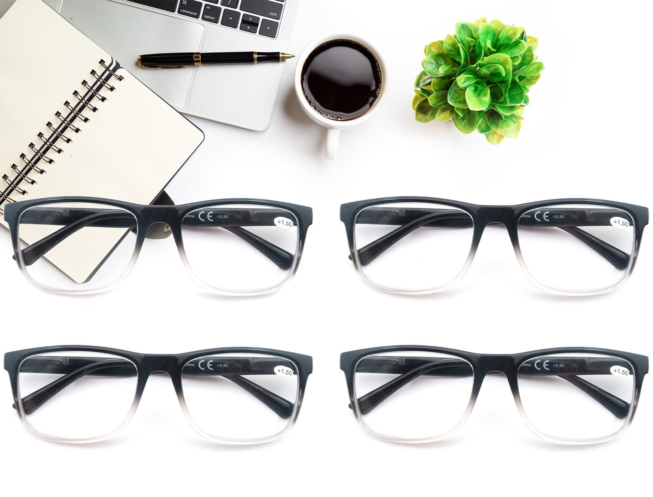 OLOMEE OLOMEE Large Reading Glasses Mens Oversized Wide Readers +1.50 Lightweight Square Magnifying Cheaters for Men W/Big Head 4 Pack