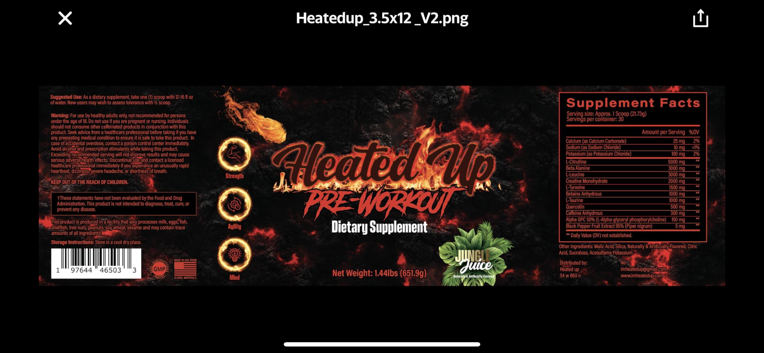 Heated up Heated up, pre Workout, Jungle Juice, Focus, Super Pump, Energy, creatine, l-citrulline, beta Alanine, Alpha gpc, Caffeine 300 mg, 30 Servings, Black and Red