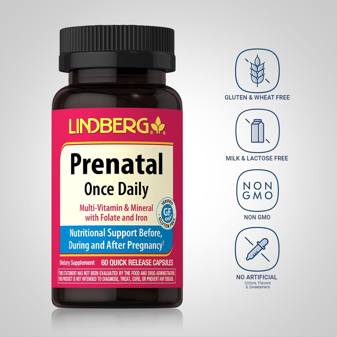Lindberg Lindberg Prenatal Vitamins for Women | 60 Capsules | Multivitamin & Mineral with Folate and Iron | Once Daily Supplement | Non-GMO, Gluten Free