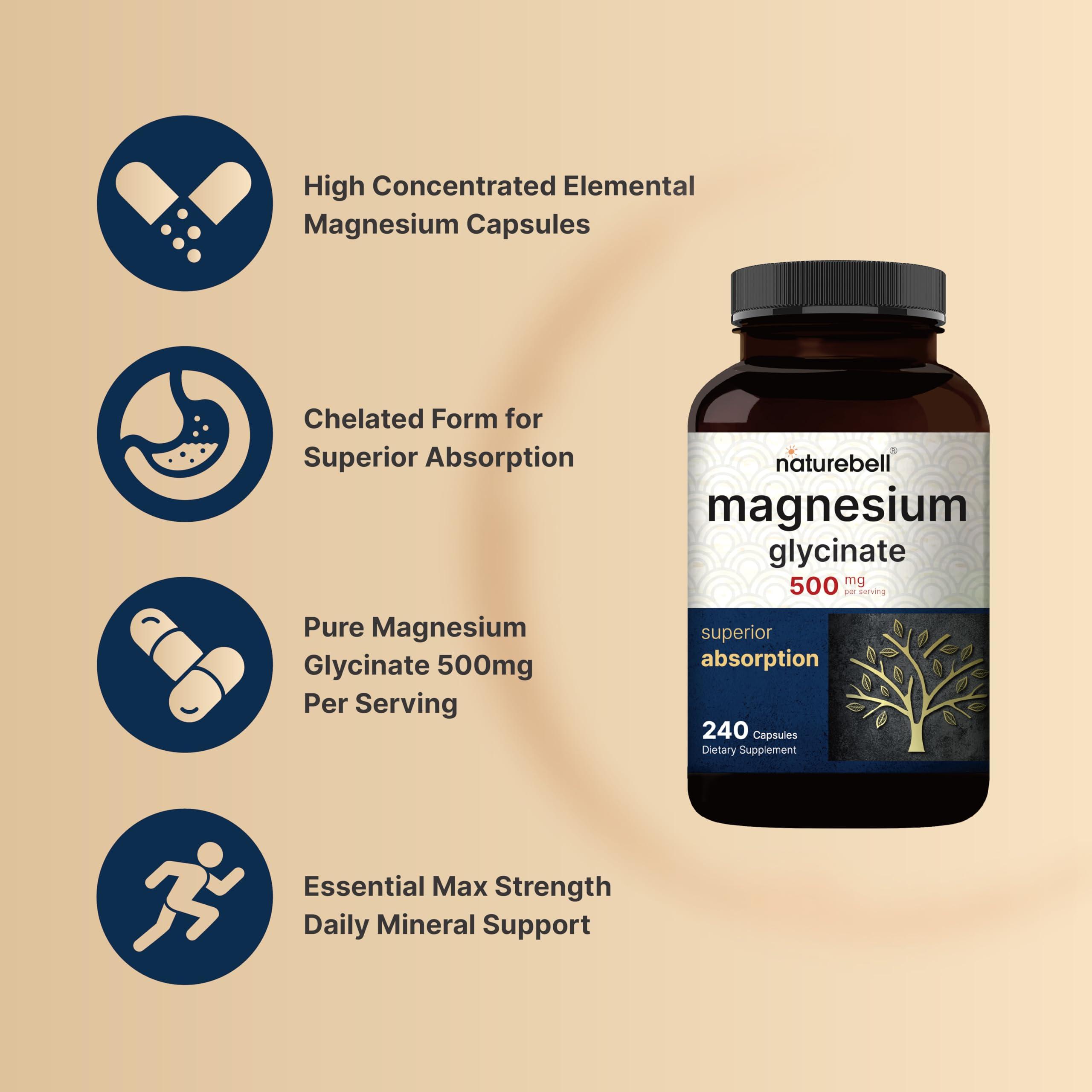 NatureBell Magnesium Glycinate Capsules 500mg | 240 Count, 100% Chelated & Purified, 3rd Party Tested, Non-GMO & Gluten Free