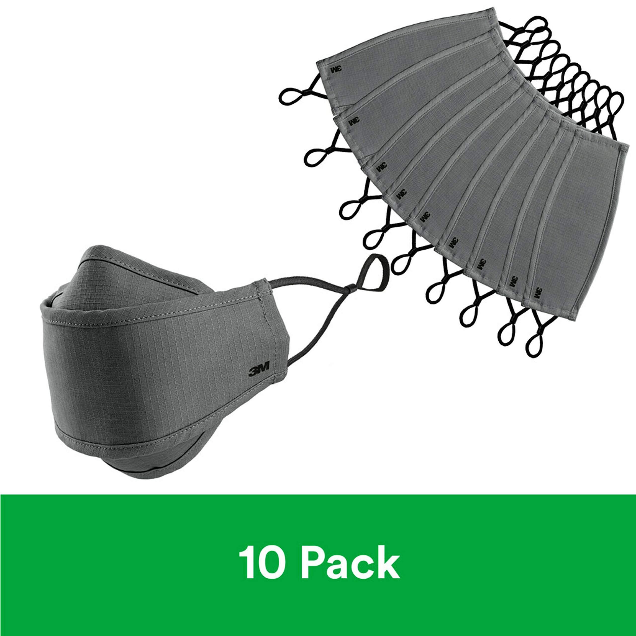 3M 3M Daily Face Mask, Reusable, Washable, Adjustable Ear Loops, Lightweight Cotton Fabric, 10 Pack, Gray