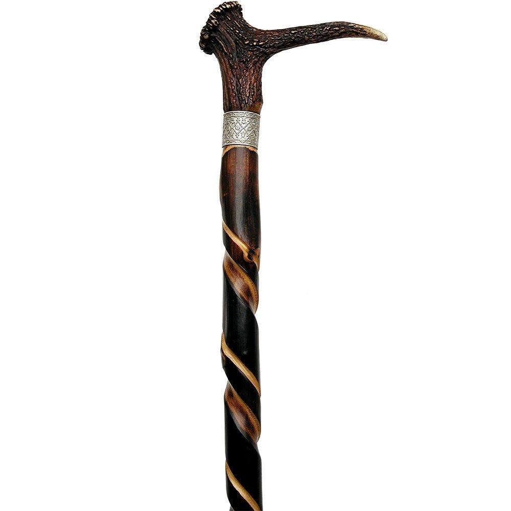 King Of Canes Walking Cane - Genuine stag horn astd shape handle on artistic spiral hand grooved shaft, 36" long with rubber tip.