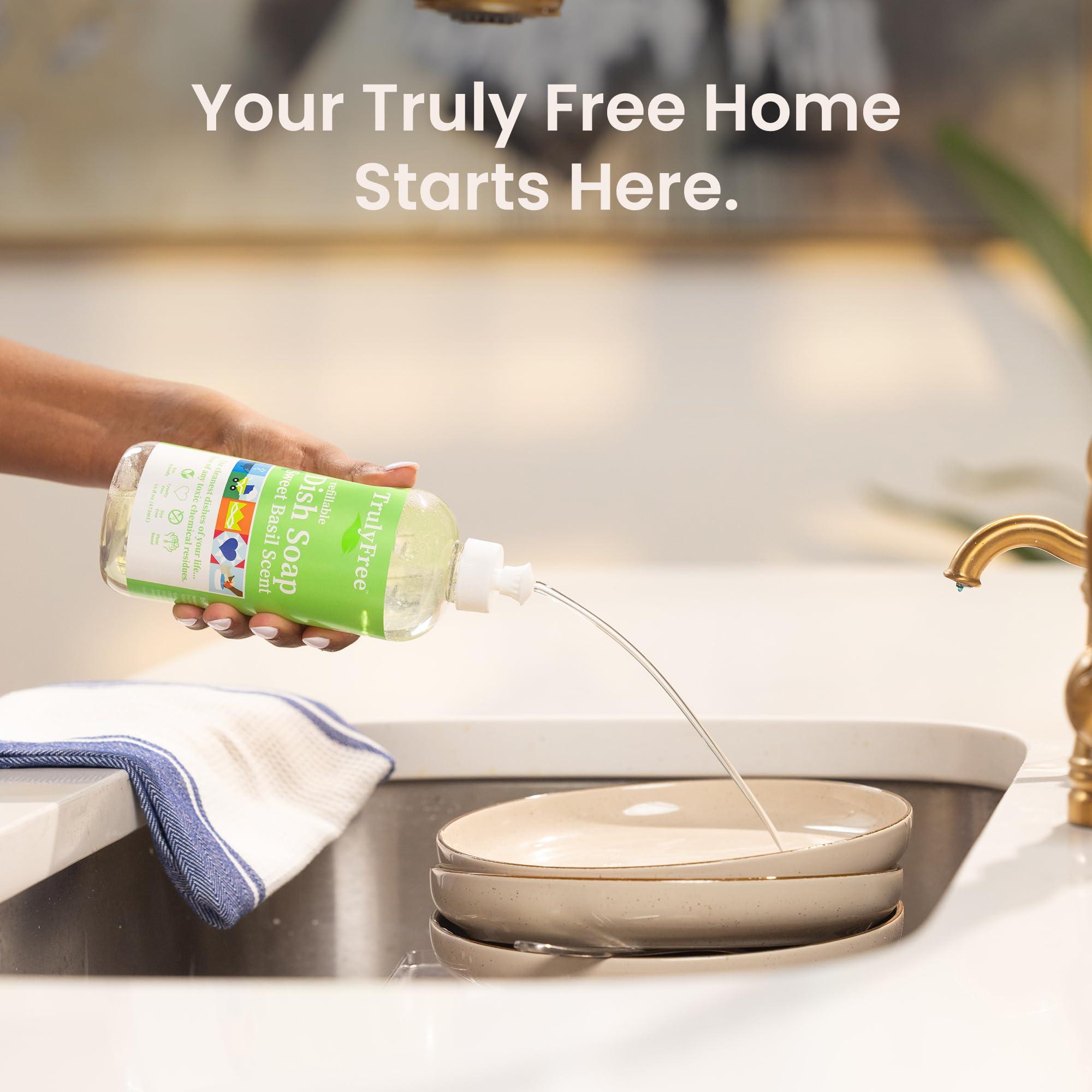 Truly Free Truly Free Natural Concentrated Dish Detergent Dishwashing Liquid | Plant-Based Dish Soap | Sweet Basil Fresh Scent | 2 Refill Packs with 1 Empty Refillable Squeeze Bottle (16 Oz)
