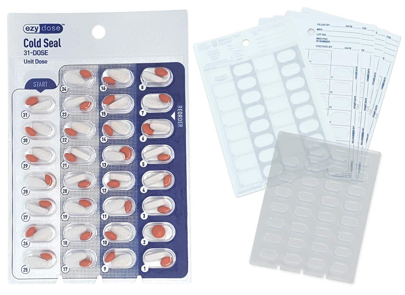 Apothecary Medication Blister Pack Refill Set Cold Seal - Includes Blister Trays & Cold-Seal Cards - Pill Blister Sizes Regular or Jumbo Blisters (Monthly - Jumbo 5/8" Deep - 100 Pack)