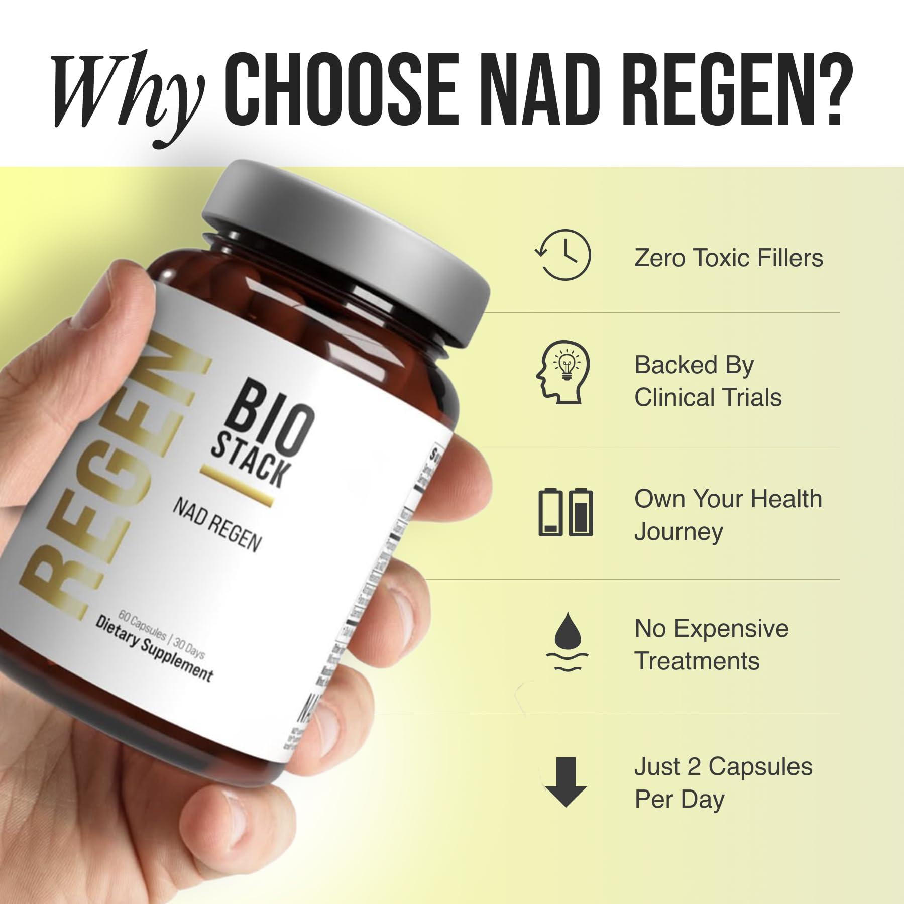 BIOSTACK BIOSTACK NAD Regen, NAD+ Supplement for Anti-Aging, Natural Energy, Cell Regeneration & Brain, Boosts Nicotinamide Riboside, Vegan Friendly NAD Supplement with Resveratrol (60 Capsules)