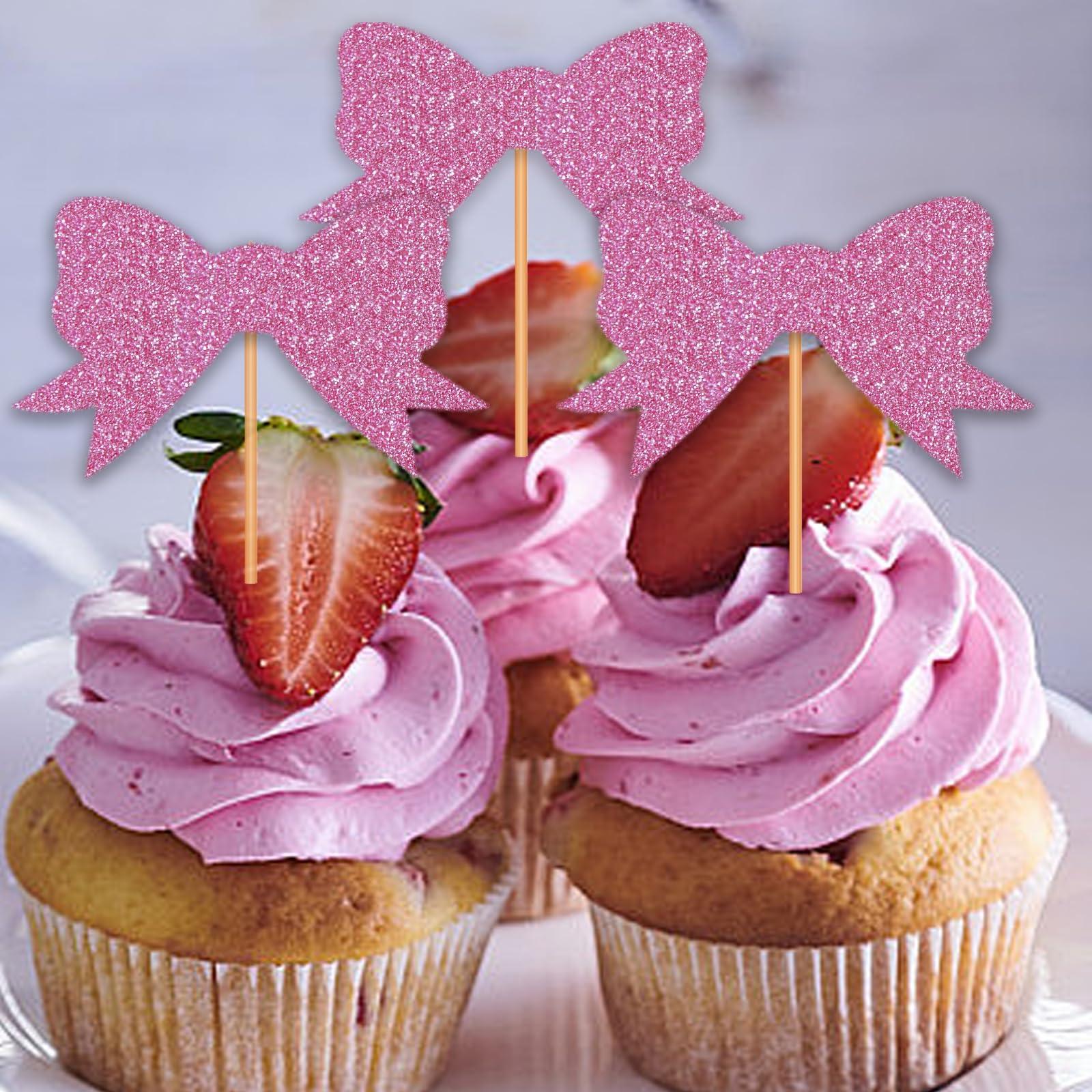 Blopee Blopee Cupcake Toppers, Pink Cupcake Toppers for Birthday Party, Princess Cupcake Toppers for Girls Birthday, 12 pcs Bowknot Cupcake Decorations for Bridal Baby Shower Birthday Wedding Themed Party
