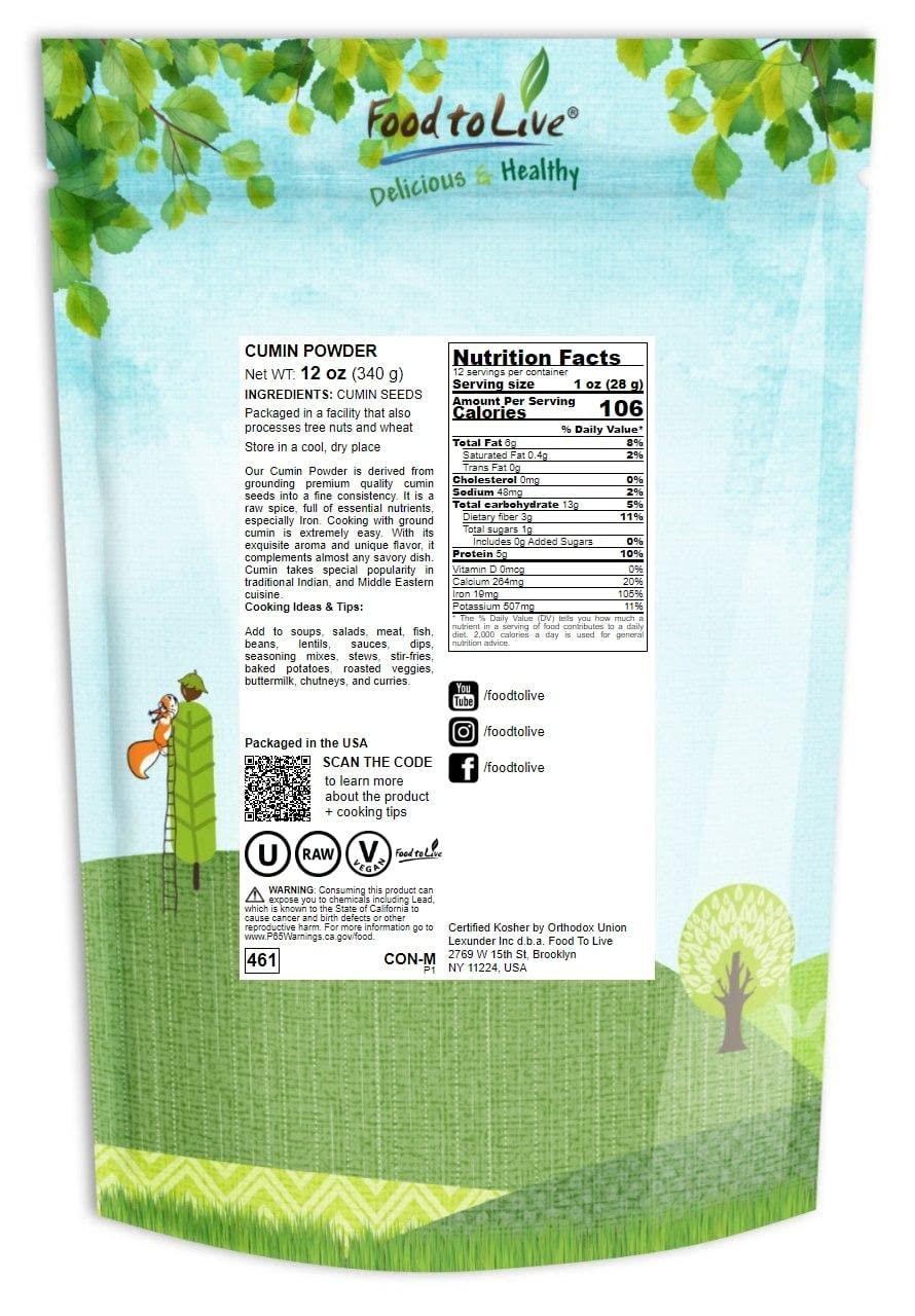 Food to Live Food to Live Cumin Powder, 12 Ounces Finely Ground Dried Cumin Seeds, Jeera, Bulk, Vegan, Kosher. High in Iron, Magnesium, and Calcium. Great for Mexican, Middle Eastern, and Indian Cuisines