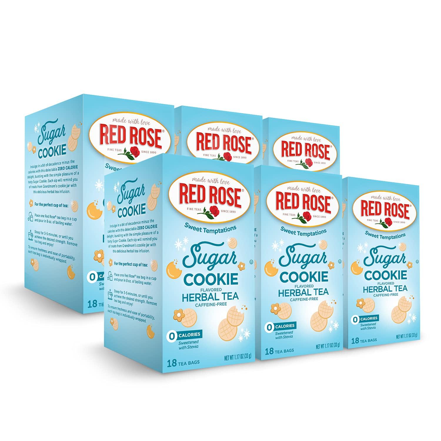 Red Rose Red Rose Sweet Temptations Dessert Tea Sugar Cookie, Zero Carbs, Zero Sugar Bursting with Flavor Caffeine-Free Delicious Beverage Herbal Tea, 18 Count Pack of 6 Fruit Naturally Flavored Black Tea