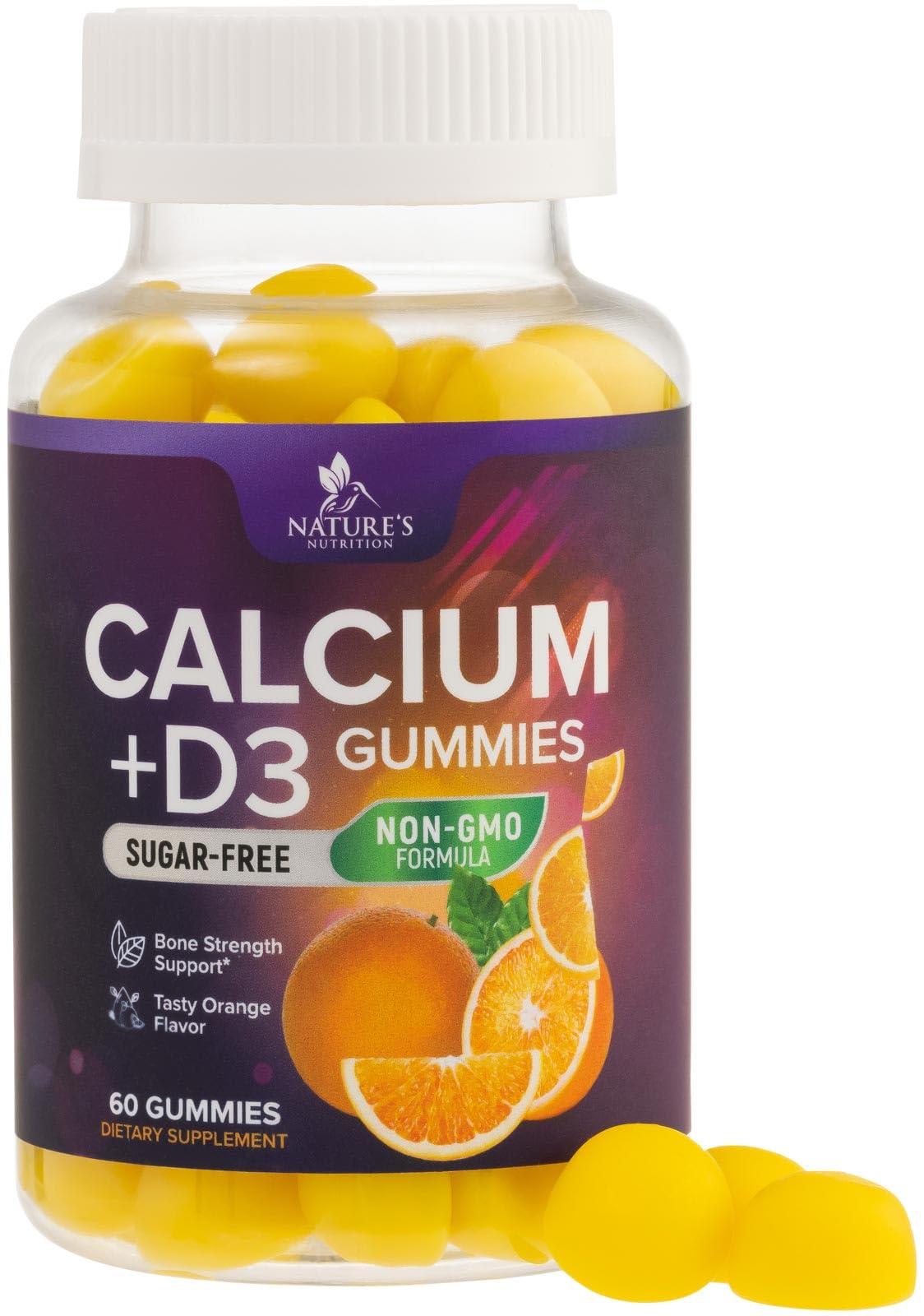 Nature\'s Nutrition Sugar Free Calcium Gummy Bites Plus 400 IU Vitamin D3, Bone Health & Immune Support, Supports Bone Strength - Chewable Calcium Nutrition Supplement, Non-GMO, Berry Flavor Chews - 60 Gummies