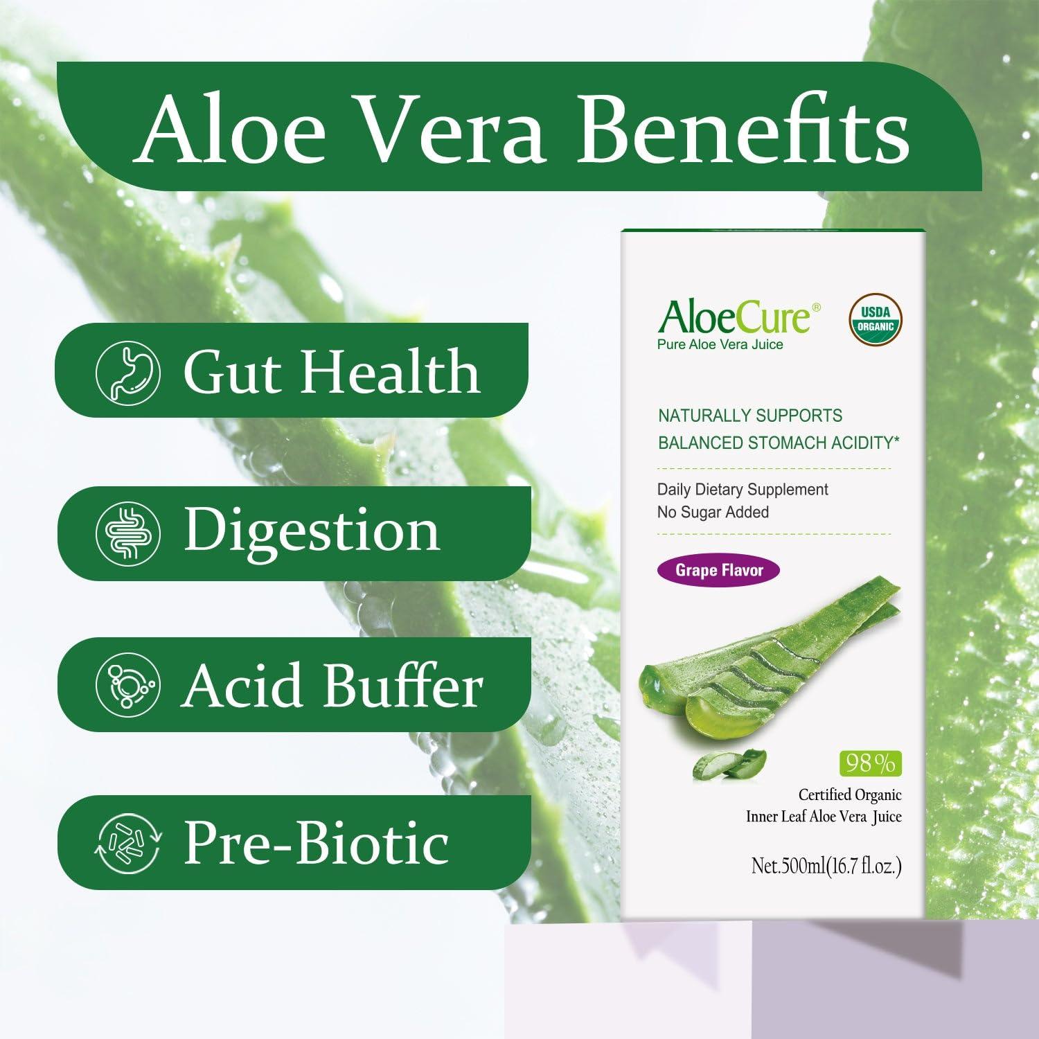 AloeCure AloeCure USDA Organic Aloe Vera Juice Grape Flavor, Made Within 12 Hours of Harvest - Pure Aloe Vera Digestive & Immune Health Supplement, Helps Maintain Balanced Stomach Acidity, 16.7oz x 4 Btls