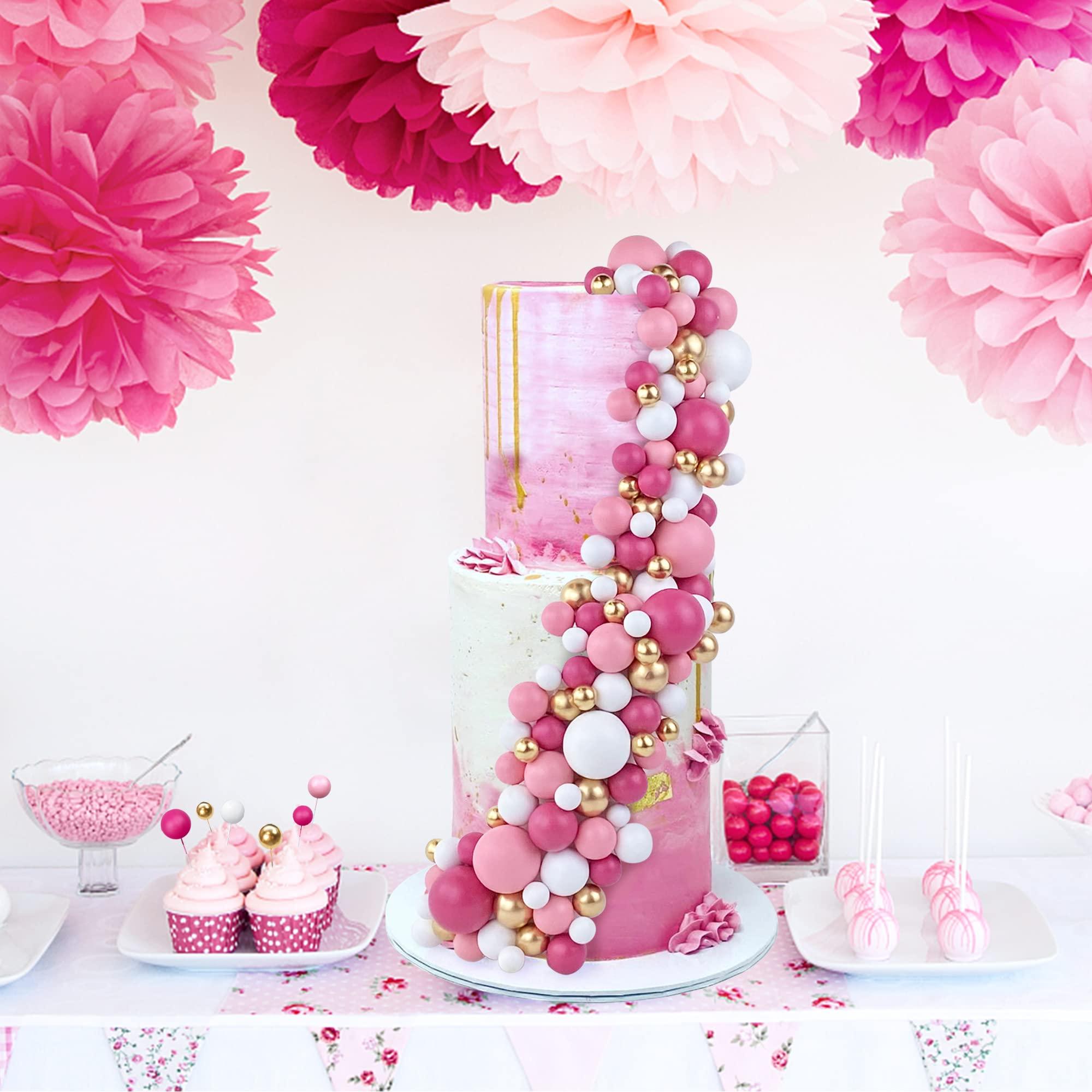 RASSLISA 113 PCS 5 Size Colorful Balls Cake Topper Foam Ball Cake Decorations Ball Shaped Cake Insert Topper for Birthday Baby Shower Wedding Decoration Supplies (Gold Pink White Hot Pink)