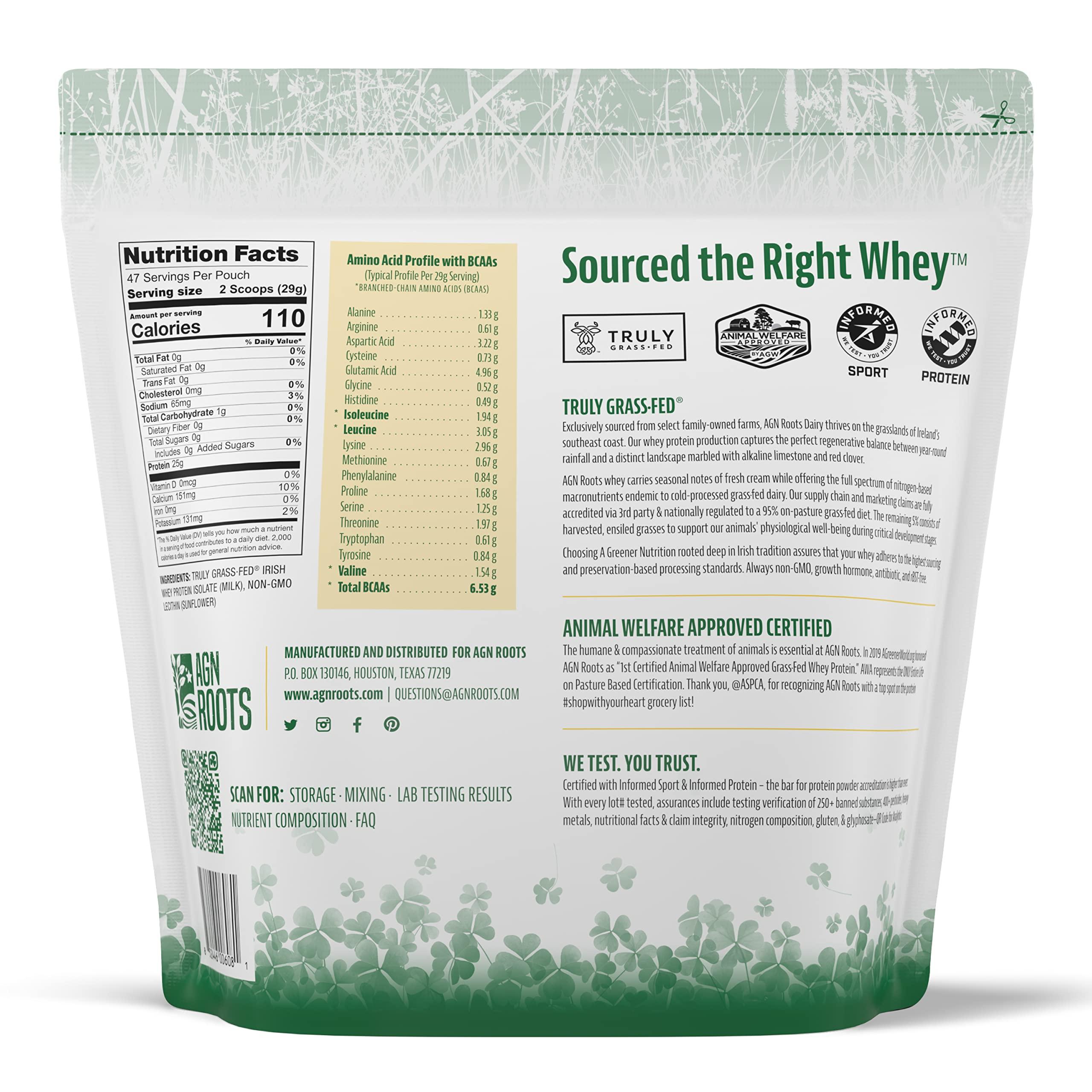AGN Roots AGN Roots Grass Fed Whey Protein Powder Isolate - Unflavored - Unsweetened - Certified Entire Life On Pasture - A Greener World - ASPCA Registered Brand List - Informed-Sport - 3lbs