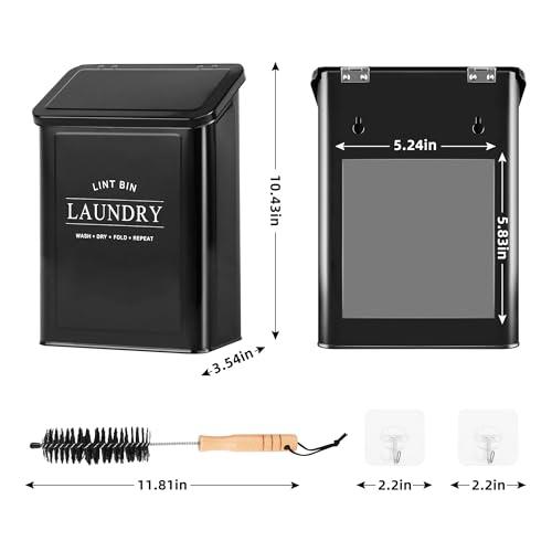 Candco Candco Magnetic Lint Bin for Laundry Room, Metal Lint Trash Can with Lid and Brush, Wall Mounted Lint Box for Dryer, Farmhouse Laundry Room Decor, Black