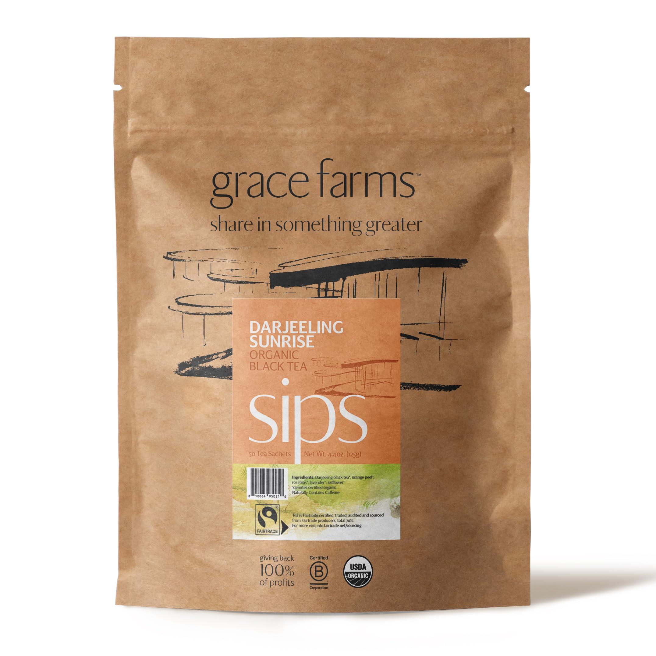 Grace Farms Grace Farms Organic Darjeeling Sunrise Black Tea, 50 Sachet Pouch | Darjeeling & Orange | Fairtrade & Kosher |Gives Back 100% of Profits