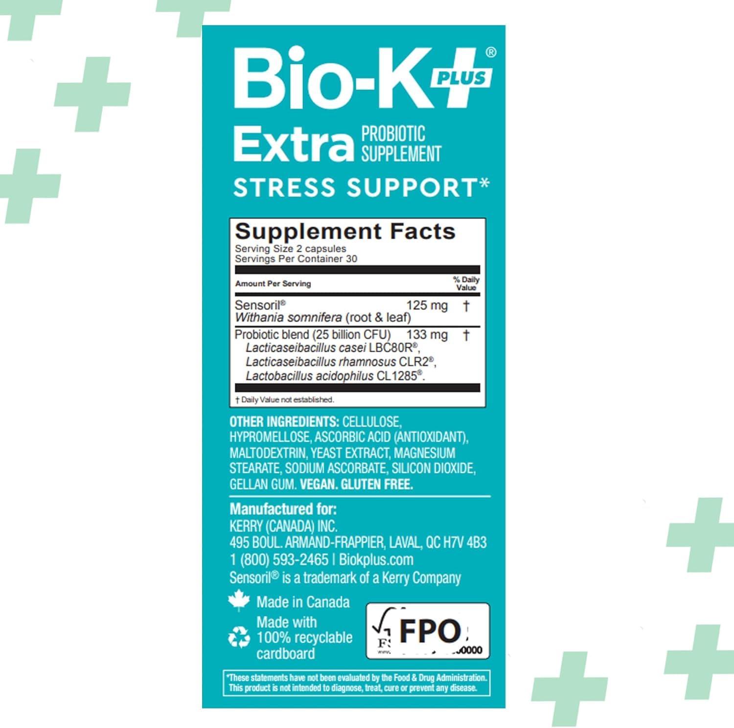 Bio-K Plus Bio K+ Extra Stress Support with Sensoril - Ashwagandha  Vegan Probiotics Supplement for Everyday Stress, Relieving Sleeplessness - 25 Billion CFU 3 Strains  60 Capsules