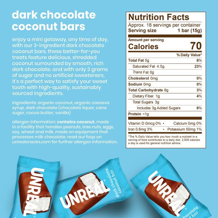 UNREAL UNREAL Dark Chocolate Coconut Bars (3 Value Size Bags) | Vegan, 3g Sugar, & 3 Simple Ingredients | Non-GMO, Gluten Free, & Fair Trade | 9.5oz each