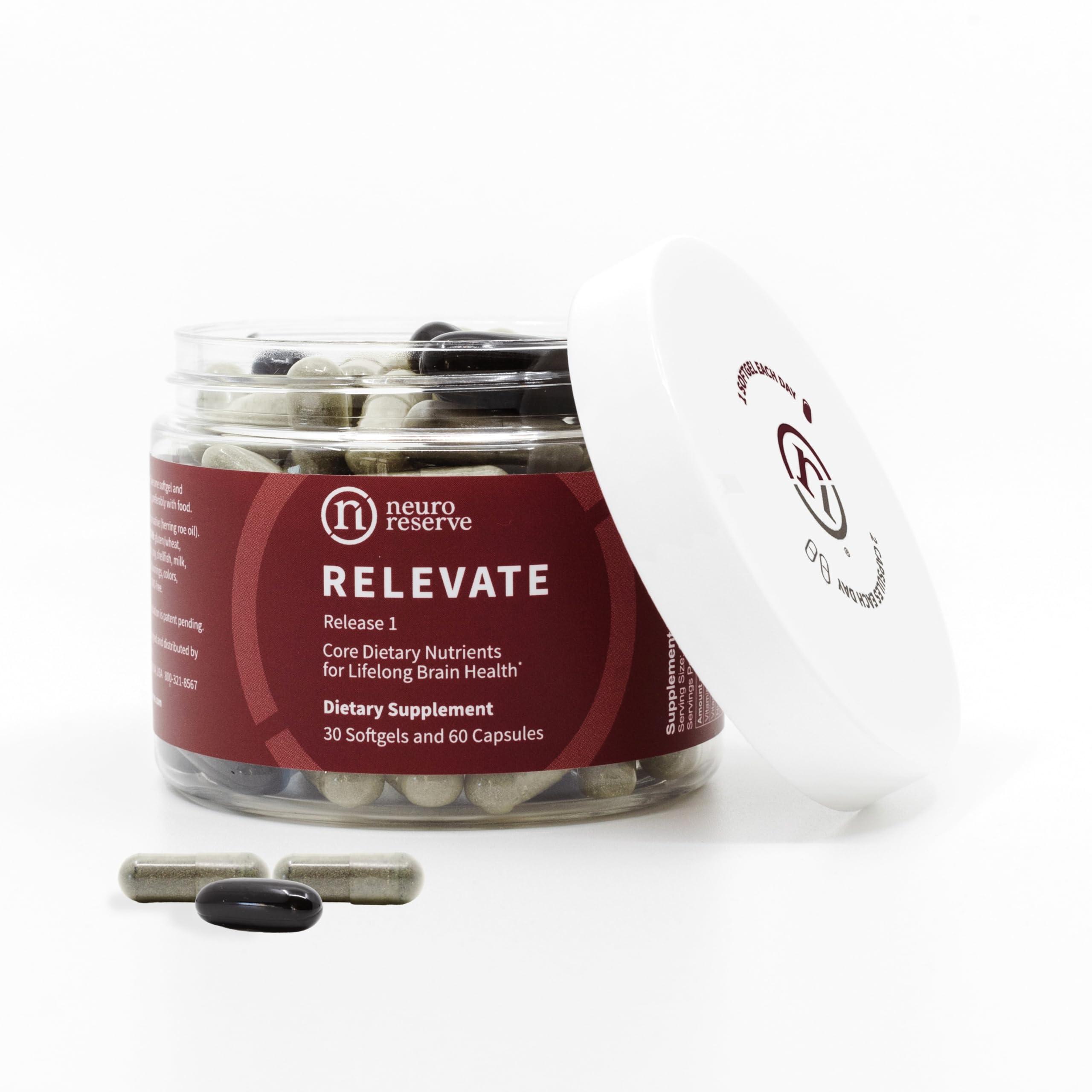 NeuroReserve RELEVATE Brain Health Supplement; Memory, Focus, Energy, Sleep, Eyes & Healthy Aging; Doctor Formulated; Quercetin, Lutein, Magnesium Glycinate, Omega 3 DHA EPA, Vitamin B12, B3, D3