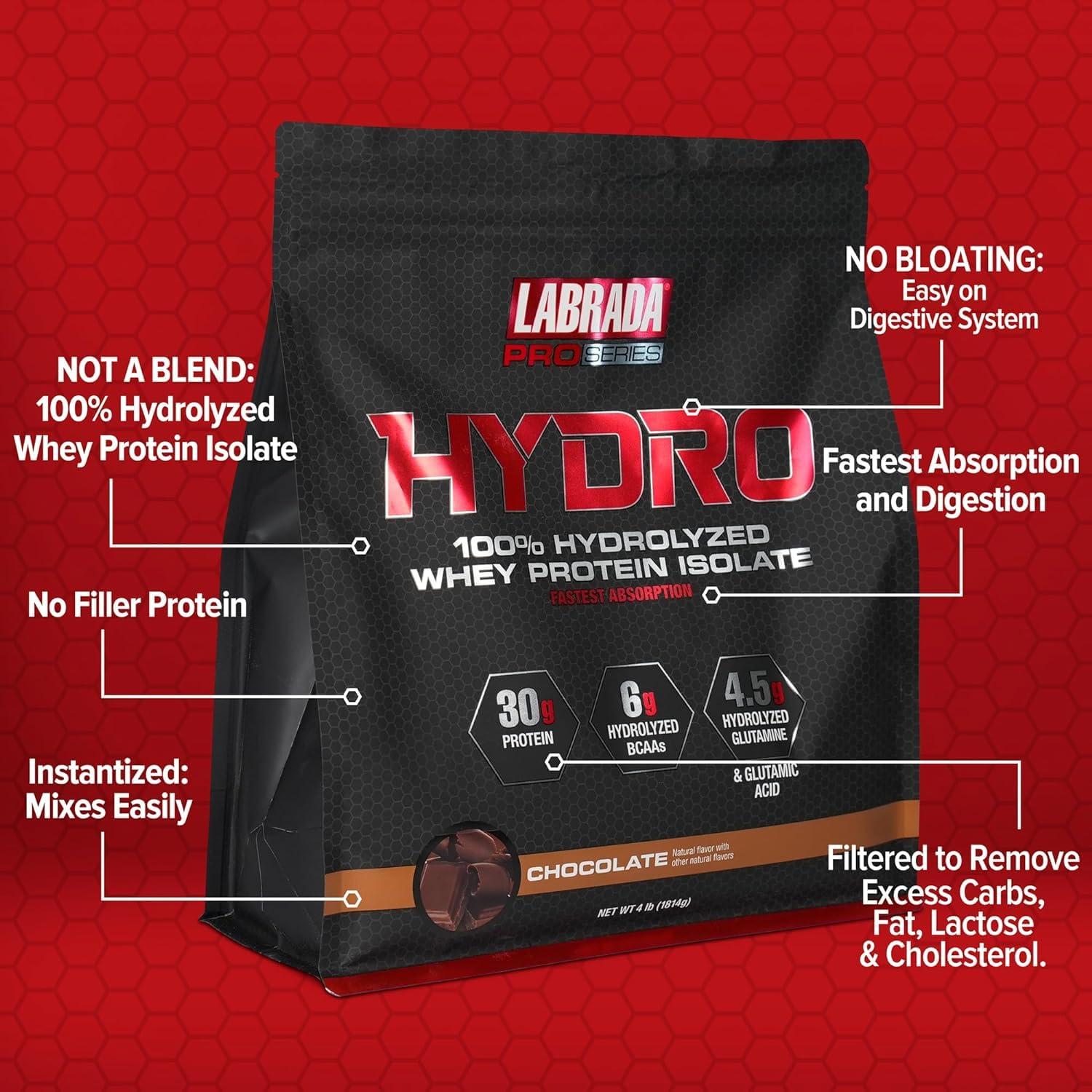 Labrada Labrada Hydro 100% Pure Hydrolyzed Whey Protein Isolate Powder, Lactose Free, Glutamine, Fastest Digesting Whey Available, Instant Mixing, Delicious Taste 47 Servings 4lb (Chocolate)