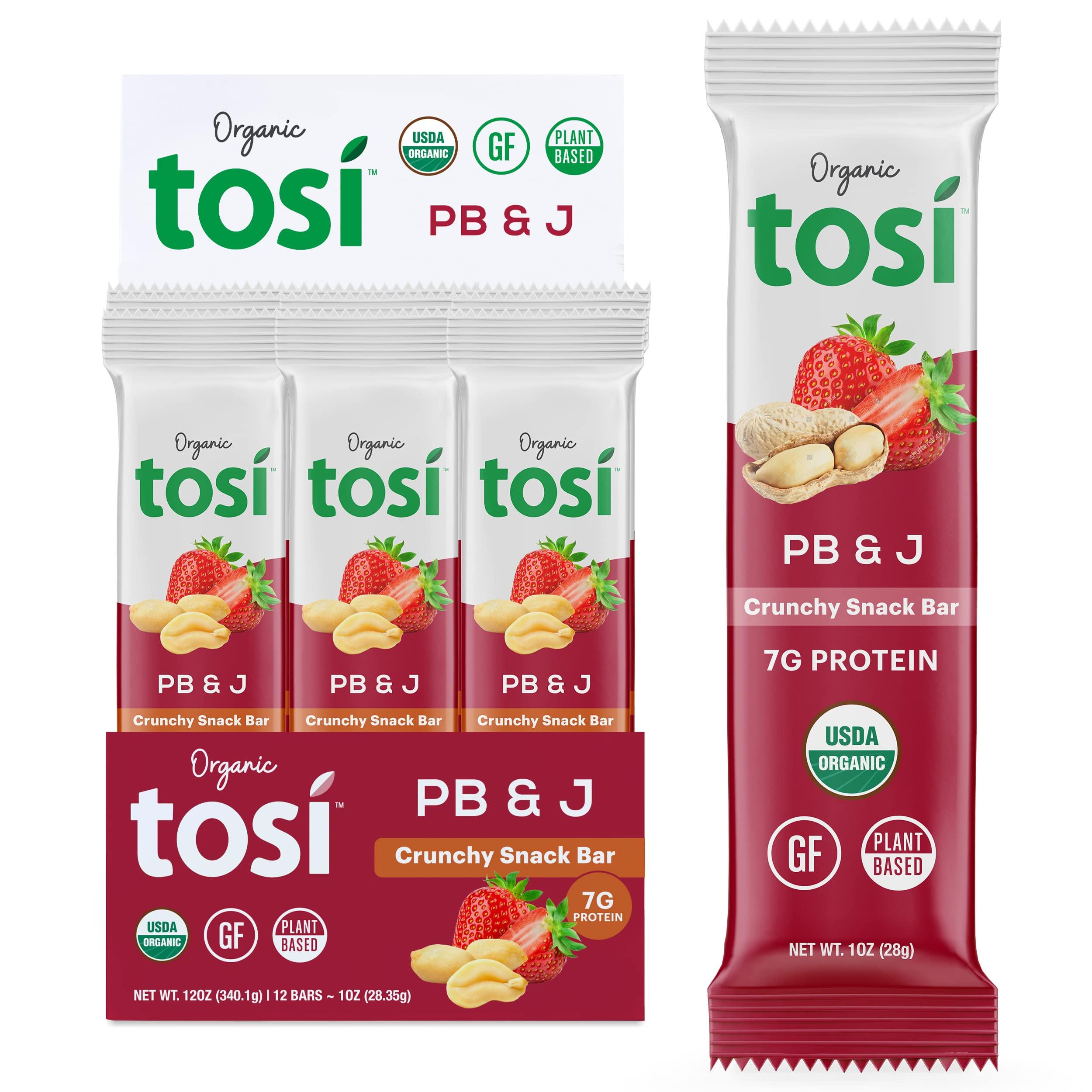 Tosi Tosi Peanut Butter & Jelly Protein Bars, Plant Based with Nuts, Gluten-Free Crunchy Snacks, Vegan, Organic, Flax & Chia Seeds, Soy-Free, Omega 3s, 7G Protein, 1 oz, 12-Pack