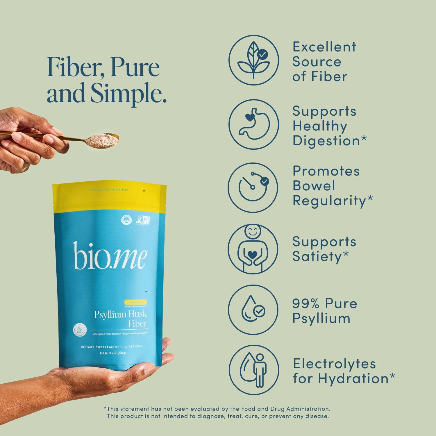 Bio.me Fiber Rescue - Psyllium Husk Powder for Digestive Health & Bloating Relief, Sugar Free Lemonade Flavored Prebiotic Soluble Fiber Powder, Non-GMO Fiber Supplement Powder, Gluten Free - 30 Servings
